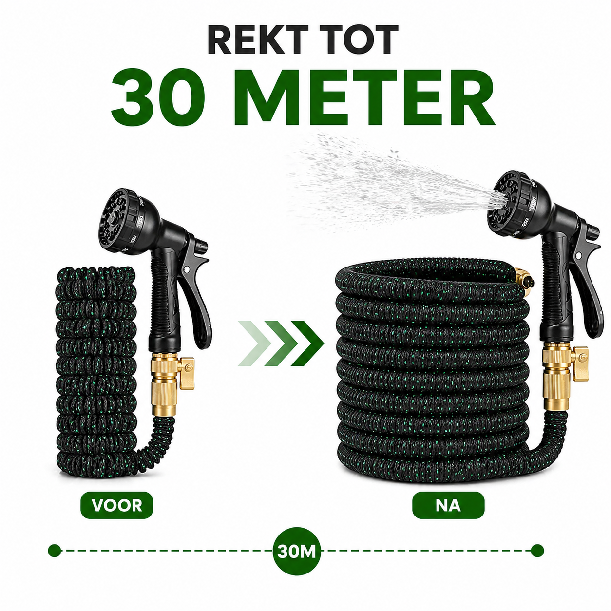 Flexibele Tuinslang 30m met 8 Spray Standen & Messing Koppelingen