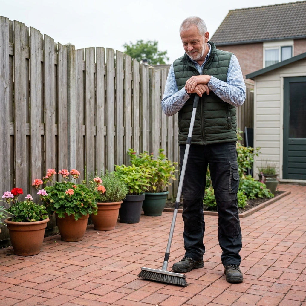 Schoon terras na gebruik van de onkruidborstel