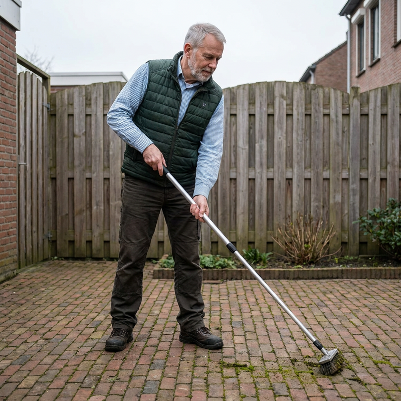 Man werkt rechtop met de onkruidborstel op klinkers